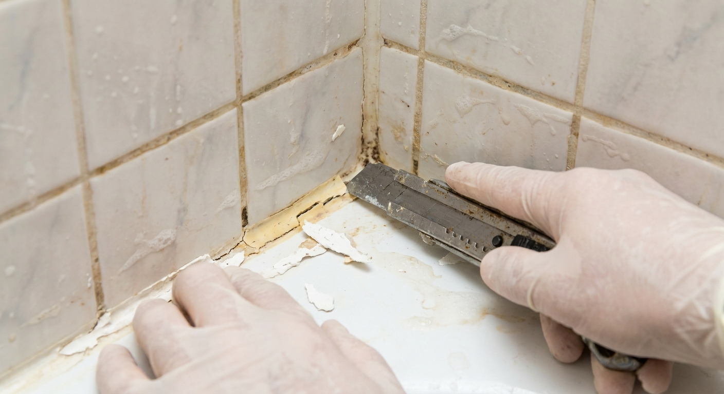 A close-up, real-life photo of hands using a utility knife to score along an old silicone caulk bead in the corner of a shower, with tile and grout visible