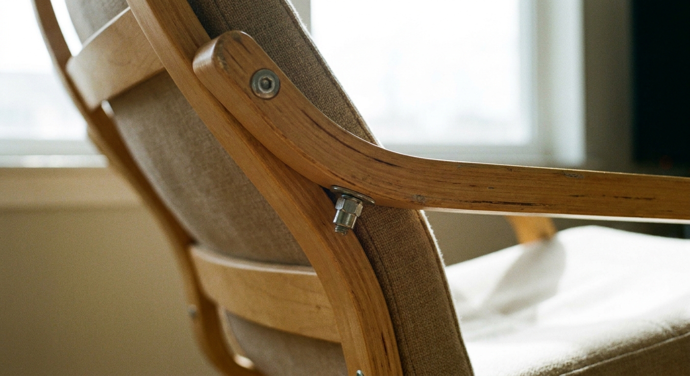 A close-up real photo of a POÄNG chair side frame showing the bolt and washer assembly where the curved wooden frame meets the seat support