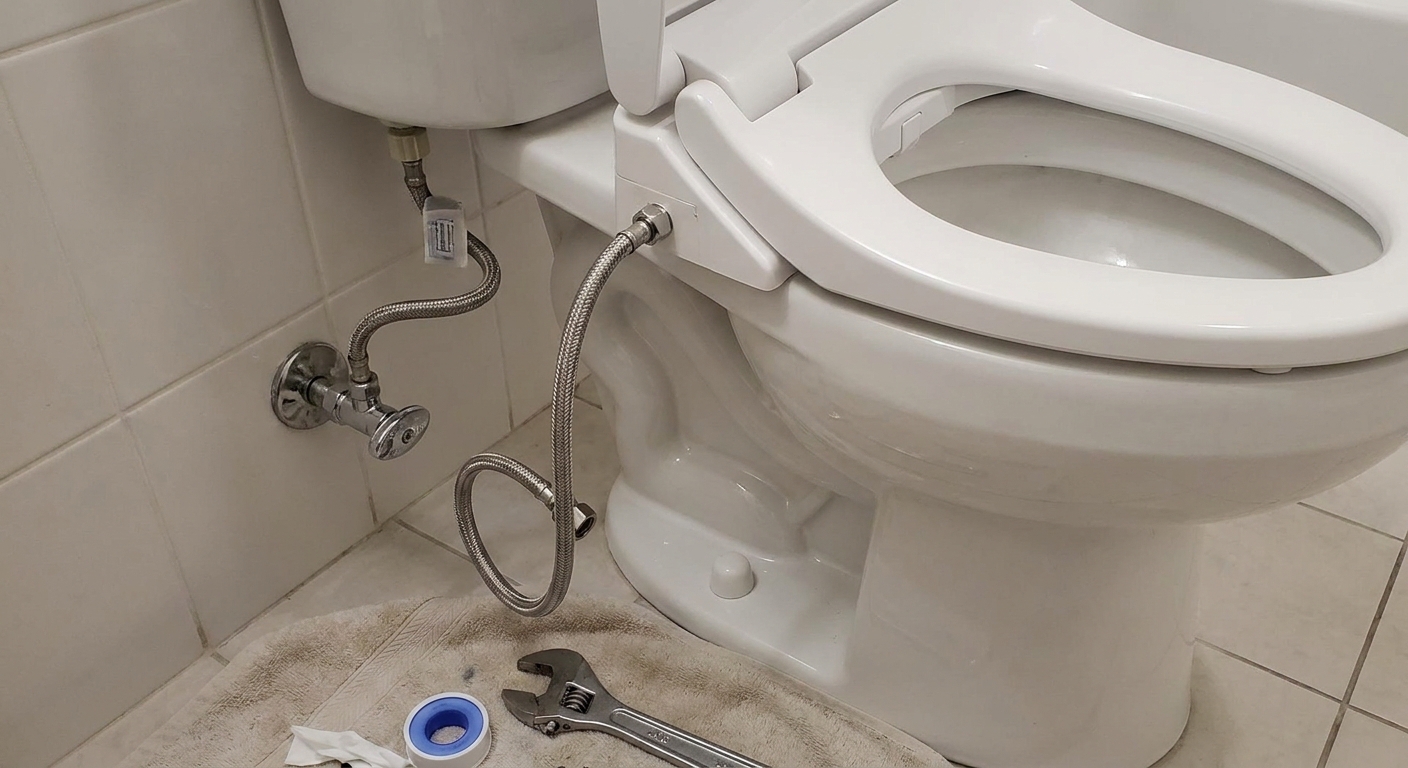 A close-up real photo of a bidet toilet seat partially installed on a toilet in a bright rental bathroom, with the T-valve and braided supply hose visible near the shutoff valve