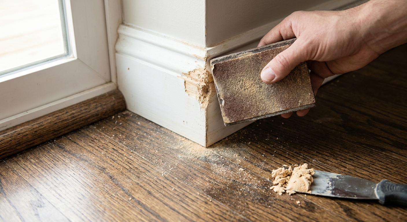 A close-up, real photo of a chewed white baseboard corner being repaired with sandpaper and a sanding block on a hardwood floor, natural window light