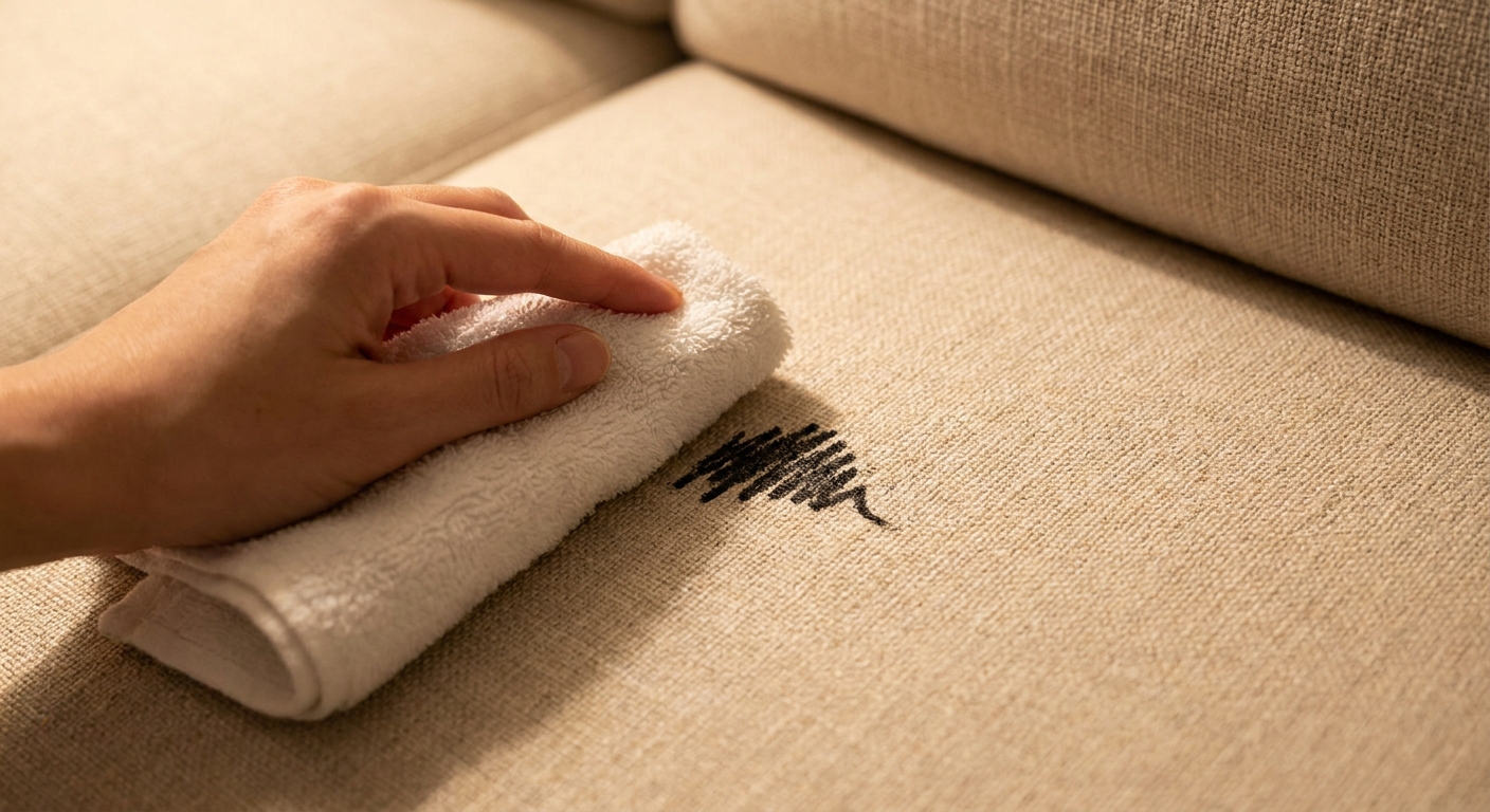 A close-up real photo of a light beige fabric sofa cushion with a small black permanent marker scribble while a hand gently blots the area with a white cloth under warm indoor lighting