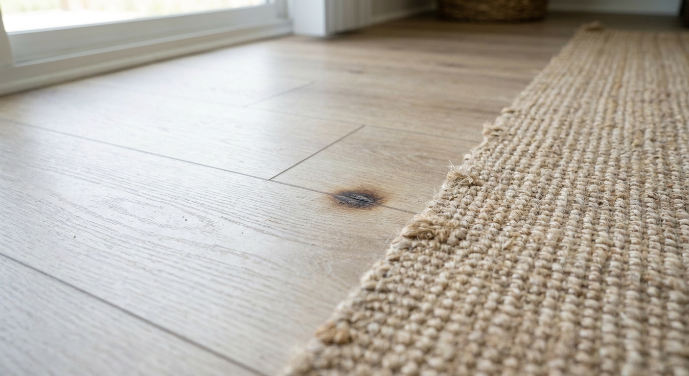 A close-up real photo of a light oak-look LVP floor with a small dark scorch spot near the edge of a rug, natural window light
