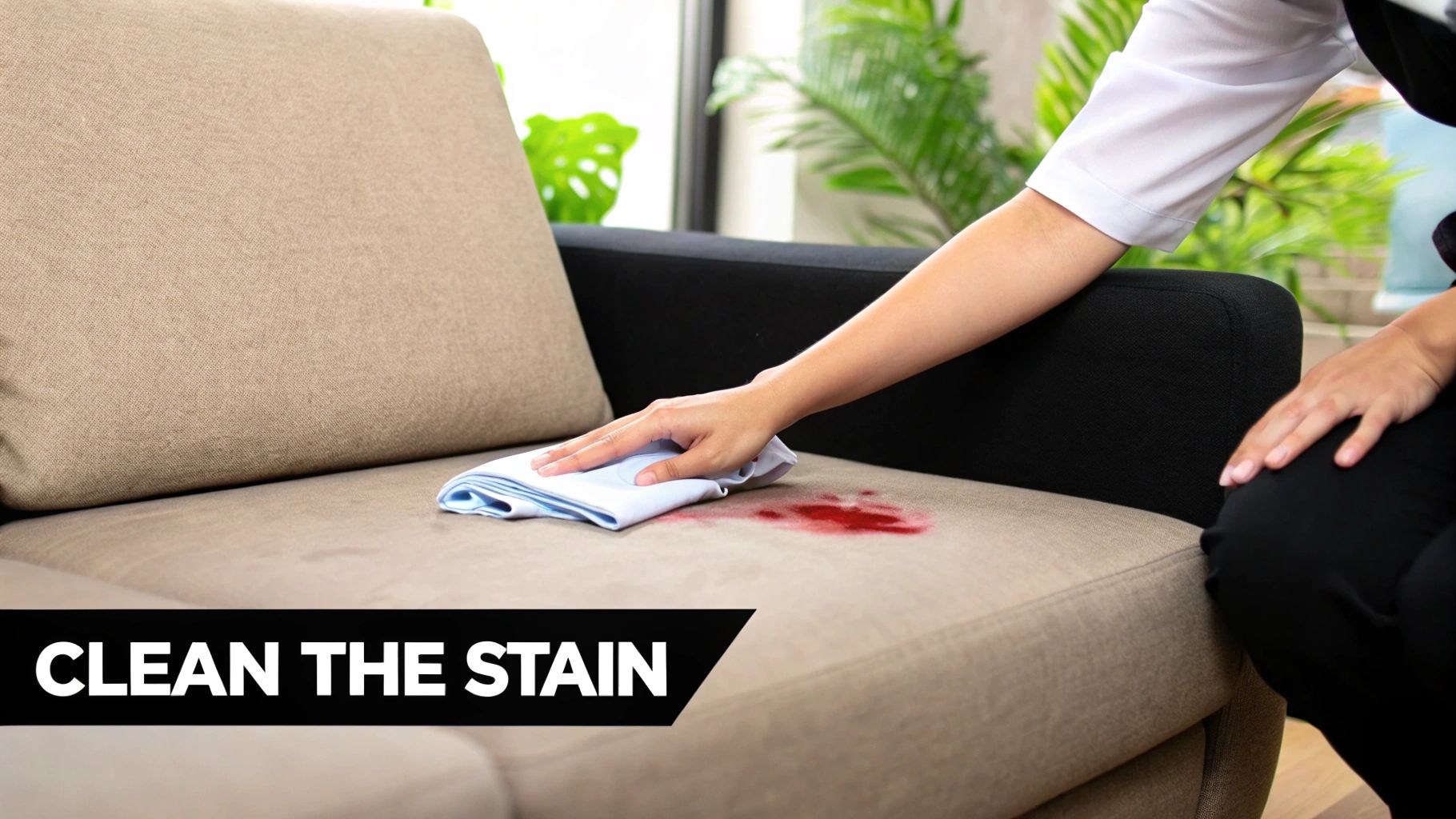 A close-up real photo of a neutral fabric sofa armrest with a slightly darker oily patch while a hand gently blots the area with white paper towels in soft window light