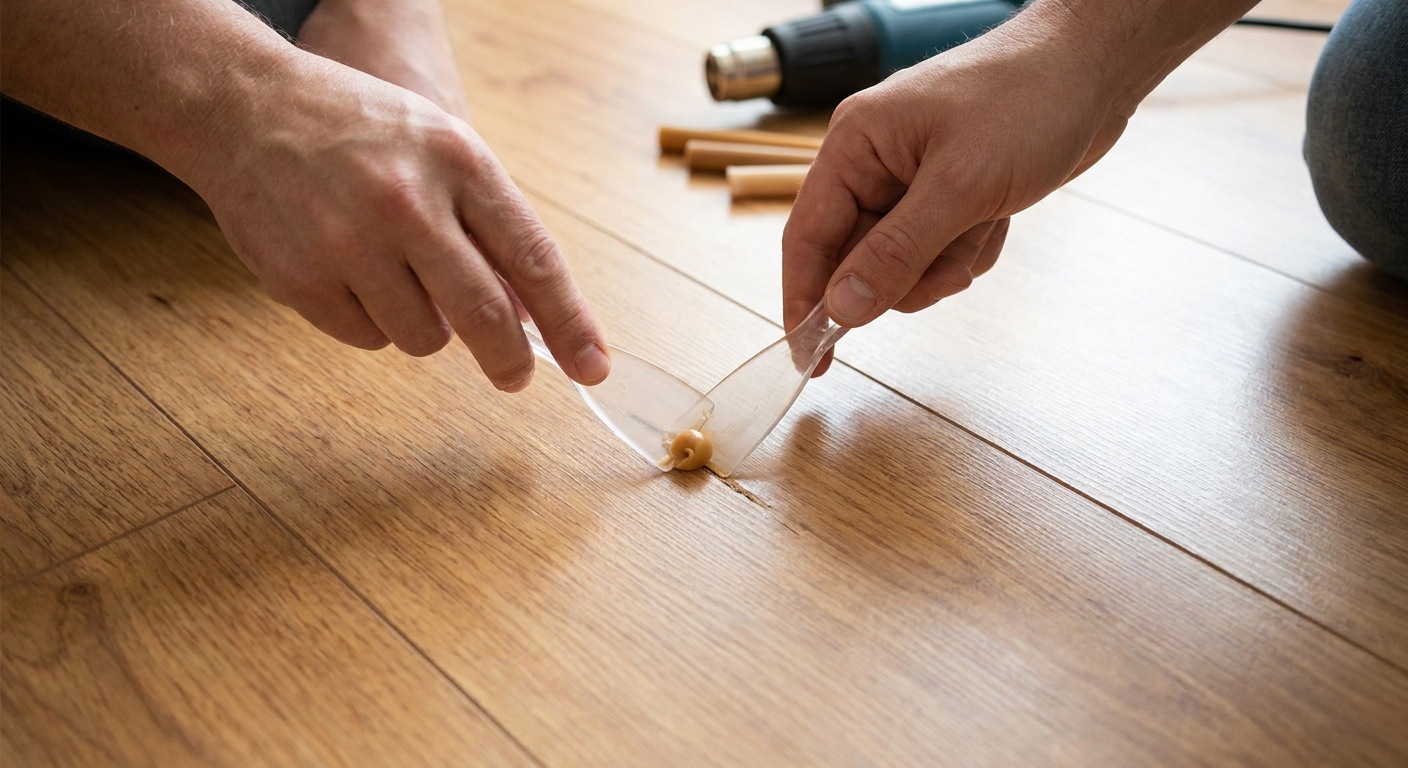A close-up real photo of a person using a plastic scraper tool to level color-matched wax over a scratch on a warm brown laminate floor