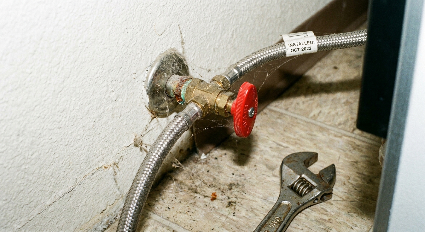 A close-up real photo of a refrigerator water supply line connected to a wall shutoff valve behind a fridge in an apartment, with a small adjustable wrench nearby