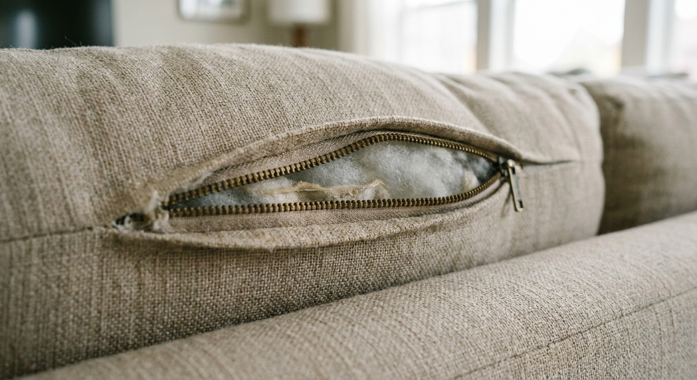 A close-up real photo of a sofa back cushion with a partially open zipper, showing the fabric tape and zipper teeth near the seam on a neutral upholstered couch