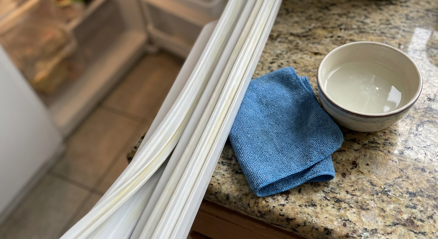 A close-up real photo of a white refrigerator door gasket with light yellowing in the folds, with a microfiber cloth and a small bowl of mild cleaning solution on a nearby counter