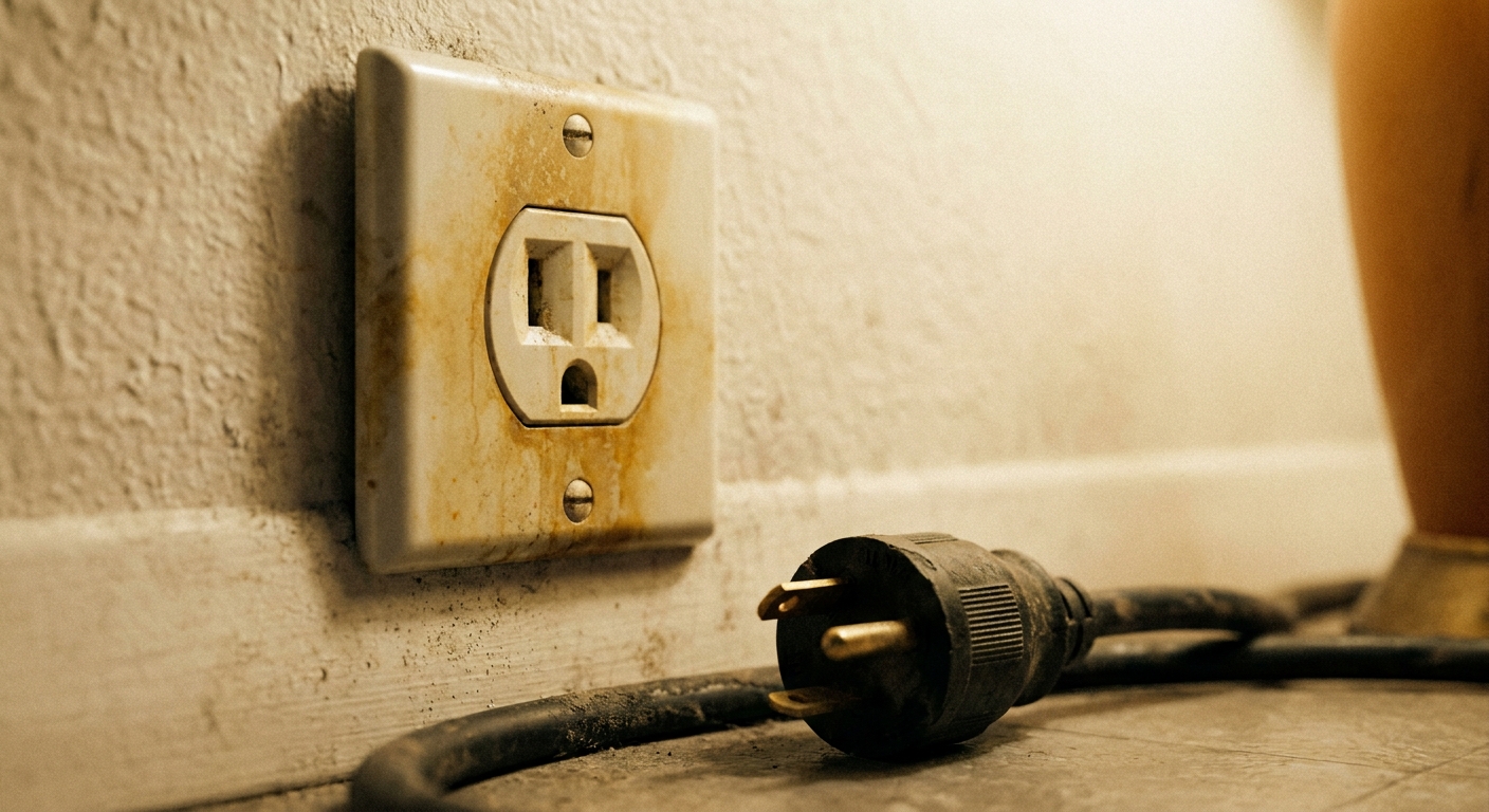 A close-up real photo of an electrical outlet with a slightly discolored cover plate and a plug nearby, indoor lighting