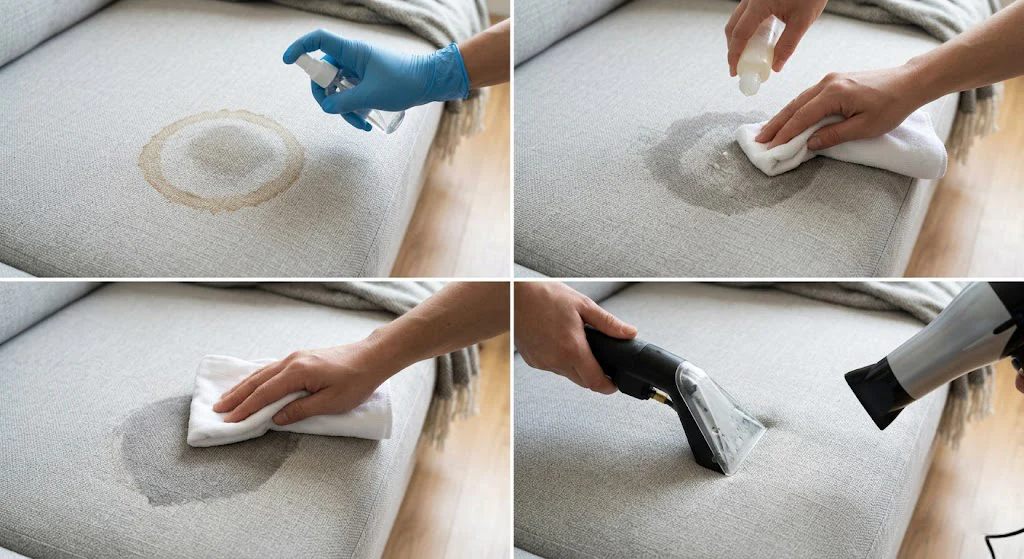 A close-up real photo of hands blotting a faint circular tideline on a light gray sofa fabric using a folded white cloth, indoor ambient light