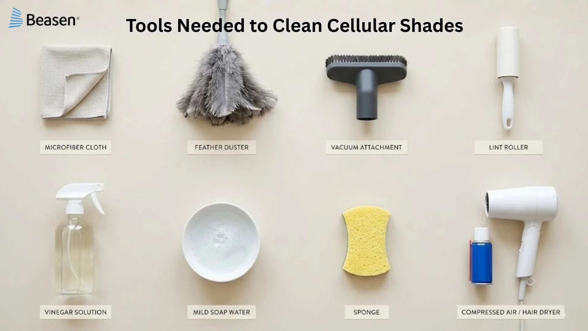 A close-up real photo of hands gently spot-cleaning a white honeycomb cellular shade with a barely damp microfiber cloth in soft window light