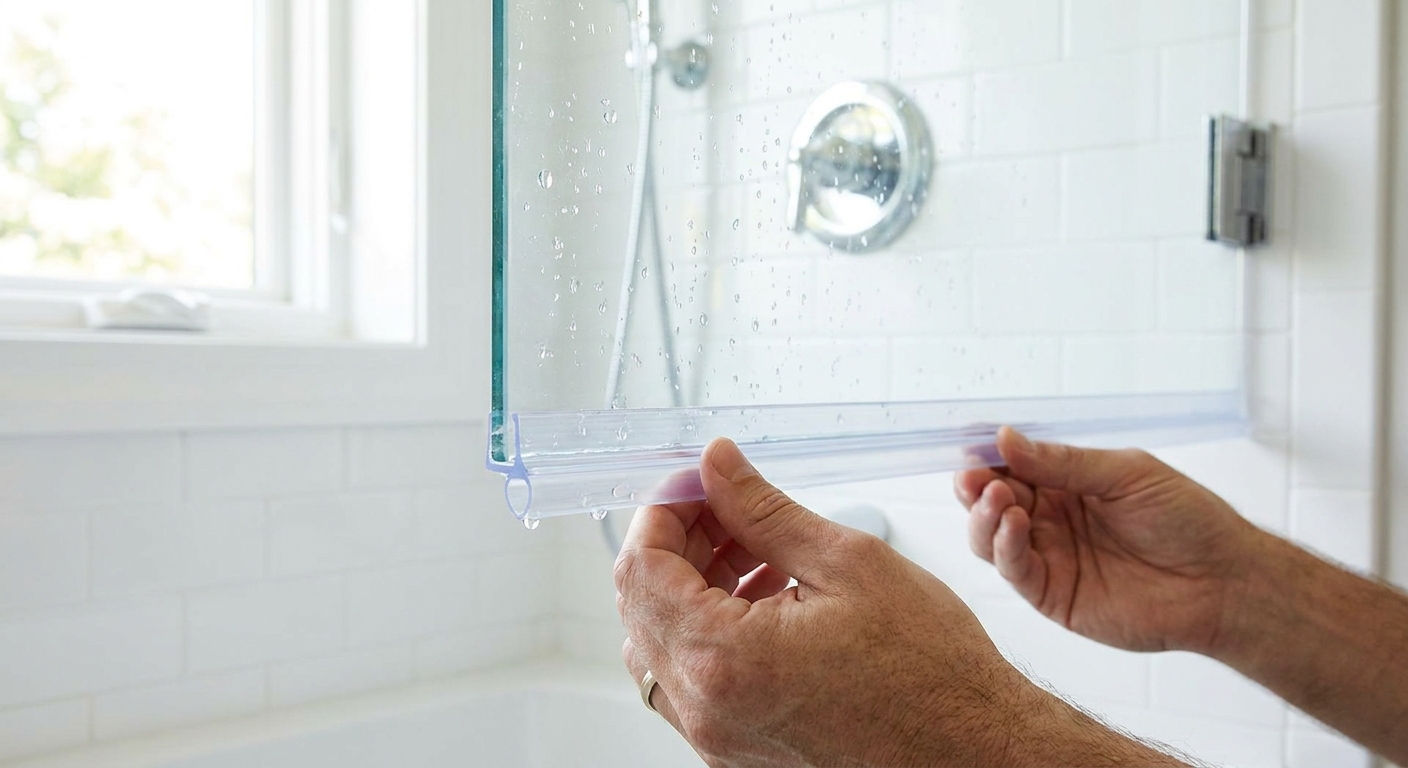 A close-up real photo of hands holding a clear vinyl shower door bottom sweep next to a frameless glass shower door in a bright bathroom
