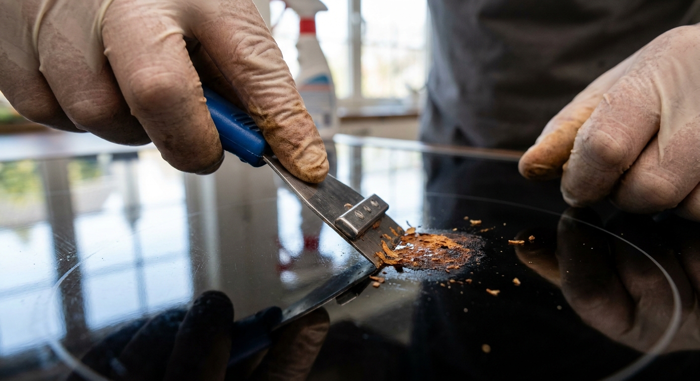 A close-up real photo of hands holding a razor scraper at a low angle while cleaning a black glass cooktop with a small patch of stuck-on residue
