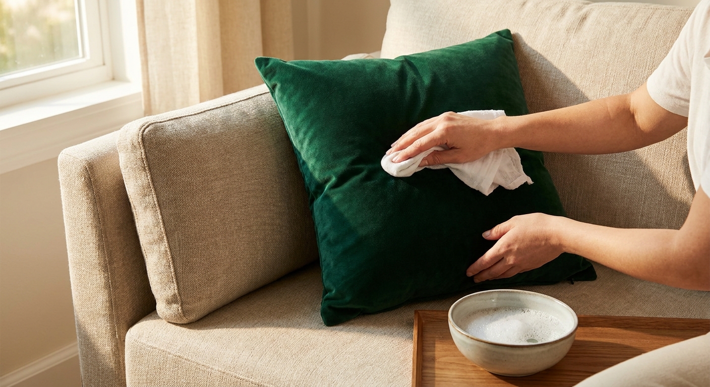 A close-up real photo of hands spot-cleaning a deep emerald velvet throw pillow on a neutral linen sofa using a white cloth and a small bowl of soapy water, warm natural window light
