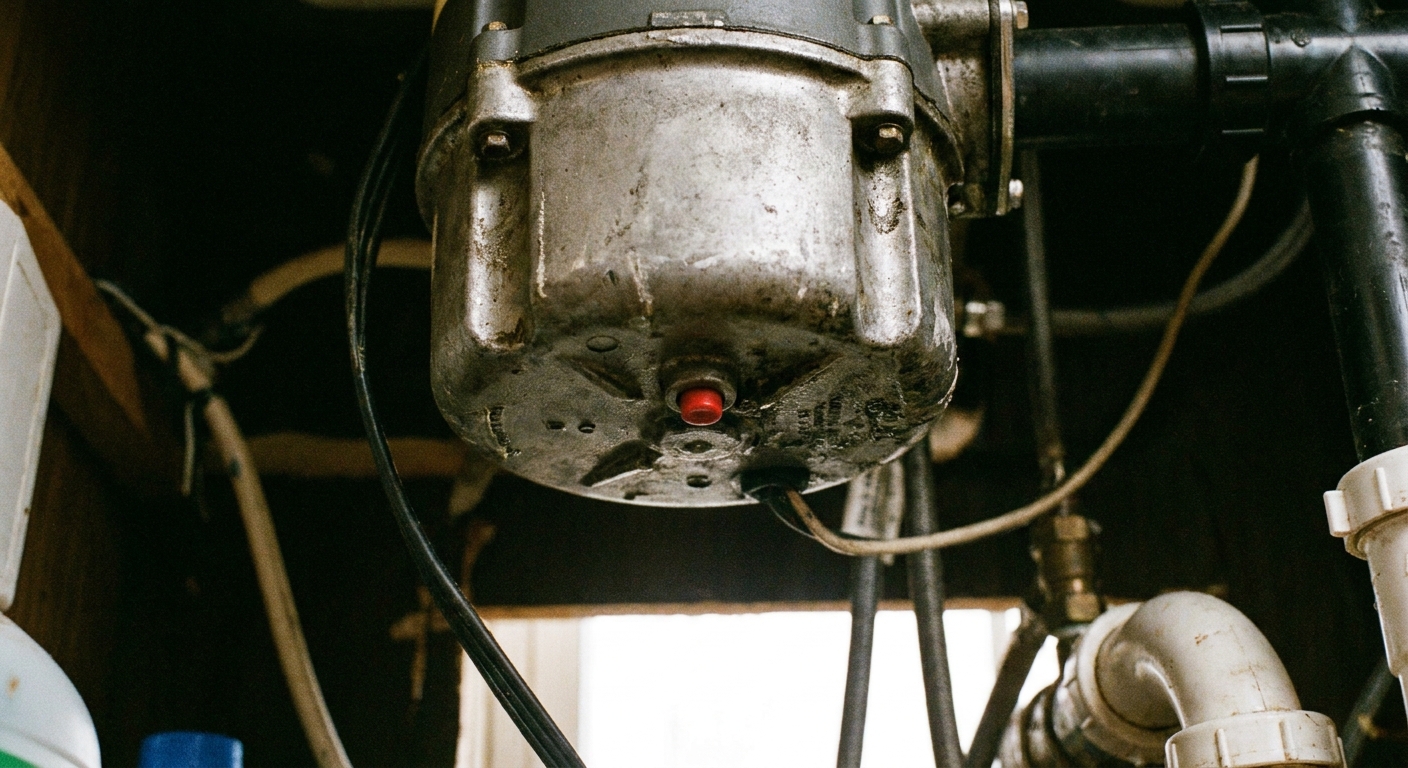 A close-up real photo of the underside of a garbage disposal showing the small reset button and the metal housing under a kitchen sink