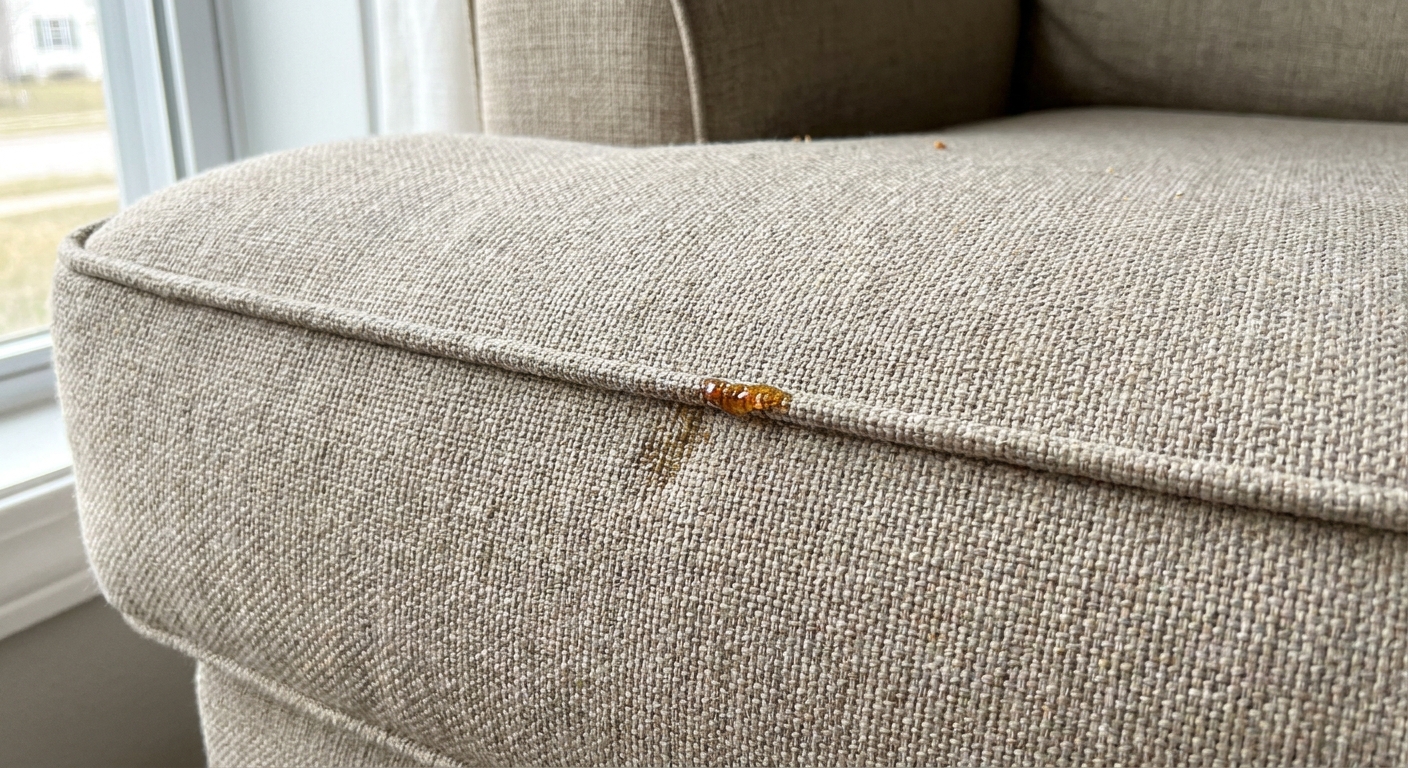 A close-up real photograph of a beige fabric sofa cushion with a small glossy tree sap spot near the front edge in soft natural window light