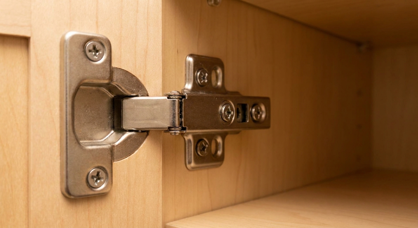 A close-up real photograph of a concealed European cabinet hinge with adjustment screws visible inside a light wood cabinet, soft indoor lighting
