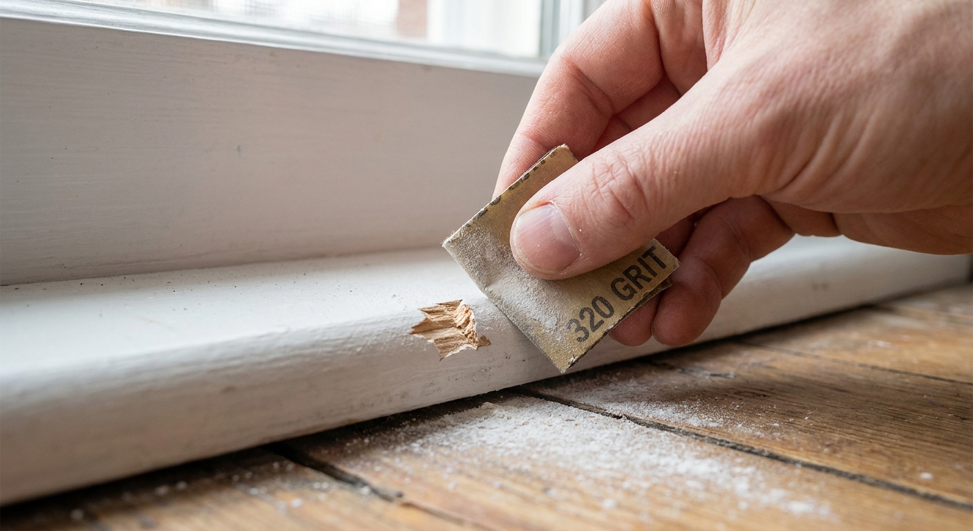 A close-up real photograph of a hand lightly sanding a small chipped area on a white baseboard using a small piece of fine sandpaper, dust visible on the floor