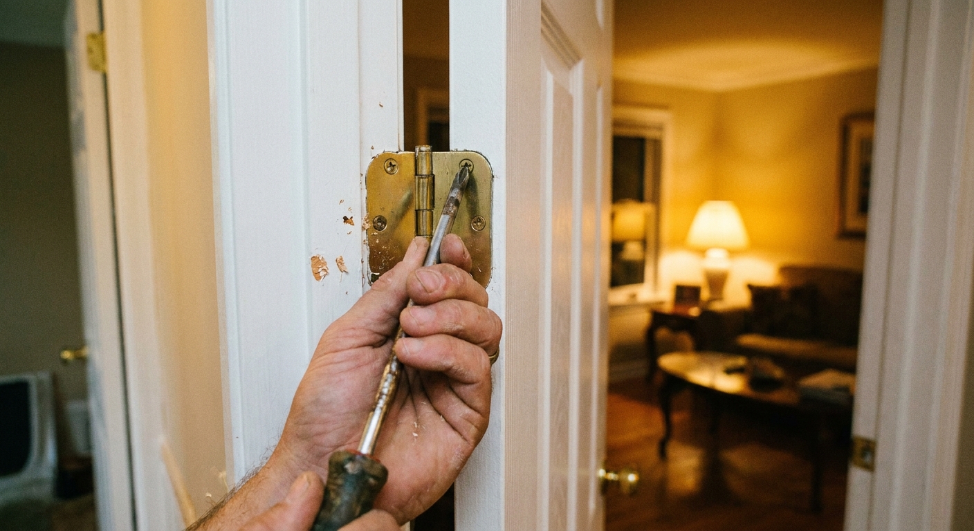 A close-up real photograph of a hand using a screwdriver to tighten the screws on a white interior door hinge, with the door slightly ajar and warm indoor lighting