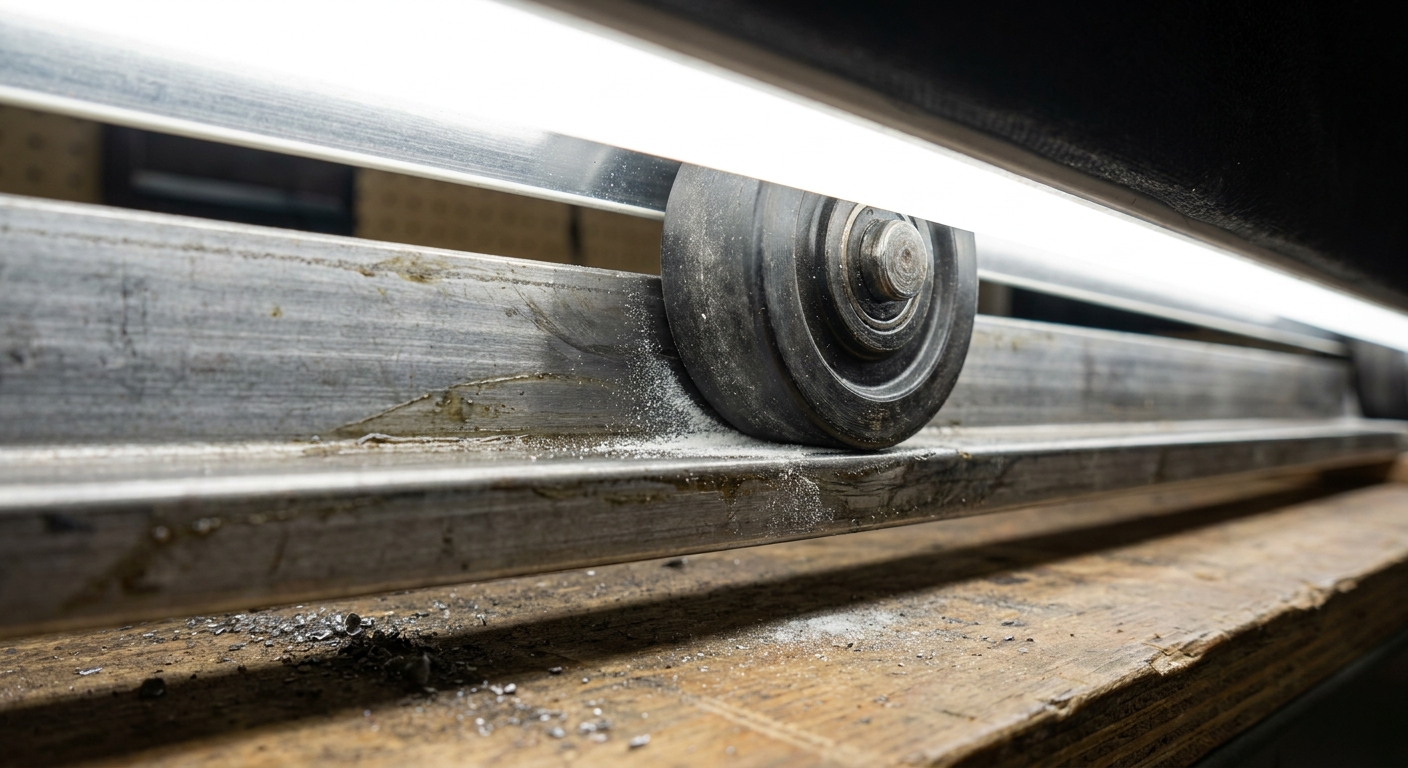 A close-up real photograph of a sleeper sofa metal rail and roller wheel with a small amount of dry PTFE lubricant applied at the contact point, workshop lighting
