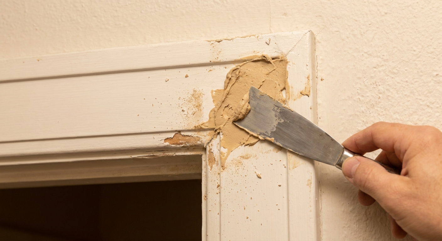 A close-up real photograph of a white door casing corner being rebuilt with beige two-part filler and a putty knife, indoor lighting