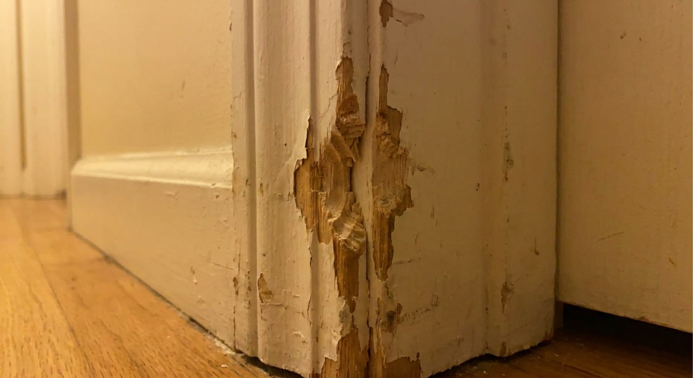 A close-up real photograph of a white door casing corner with visible pet chew marks and missing paint, indoor hallway lighting