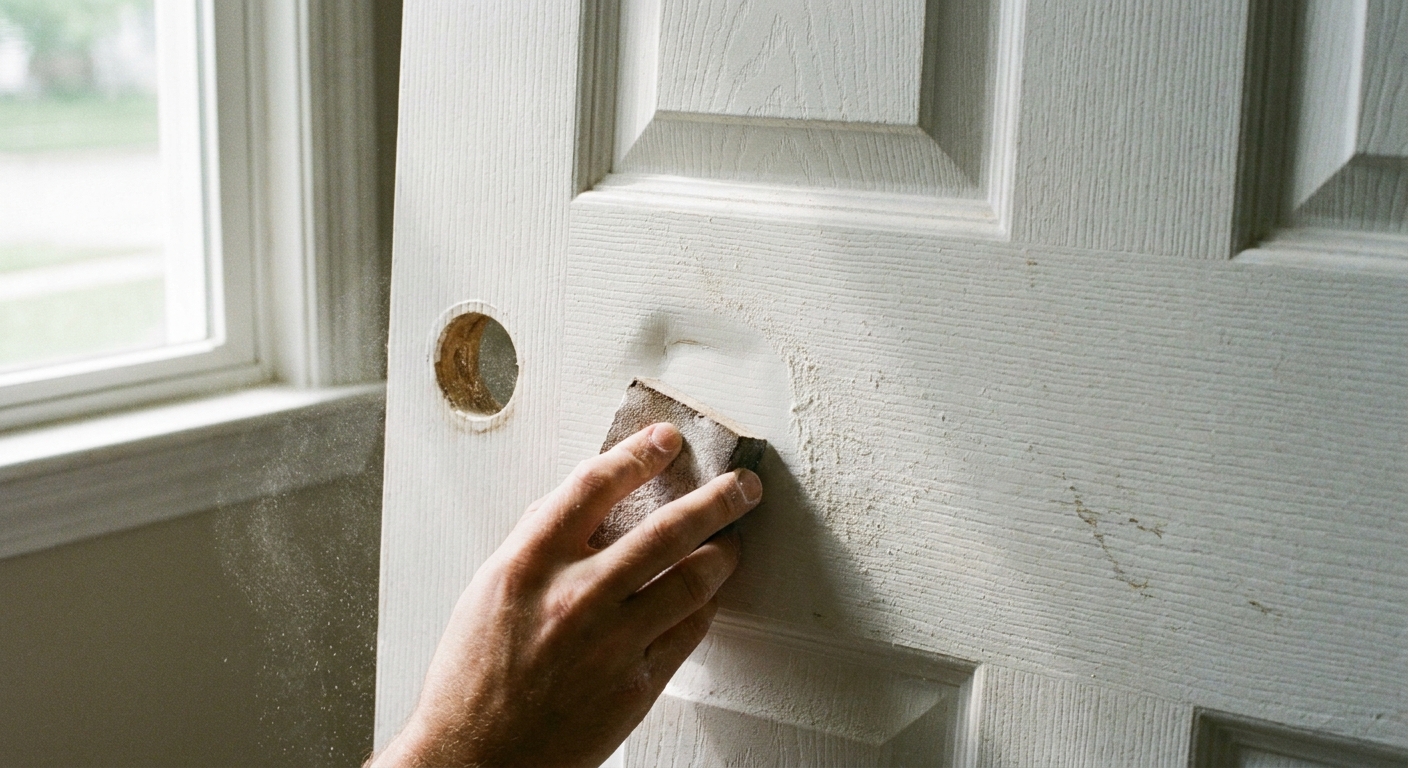 A close-up real photograph of a white hollow-core interior door with a shallow dent being sanded with a small sanding block, fine dust visible on the surface, natural window light