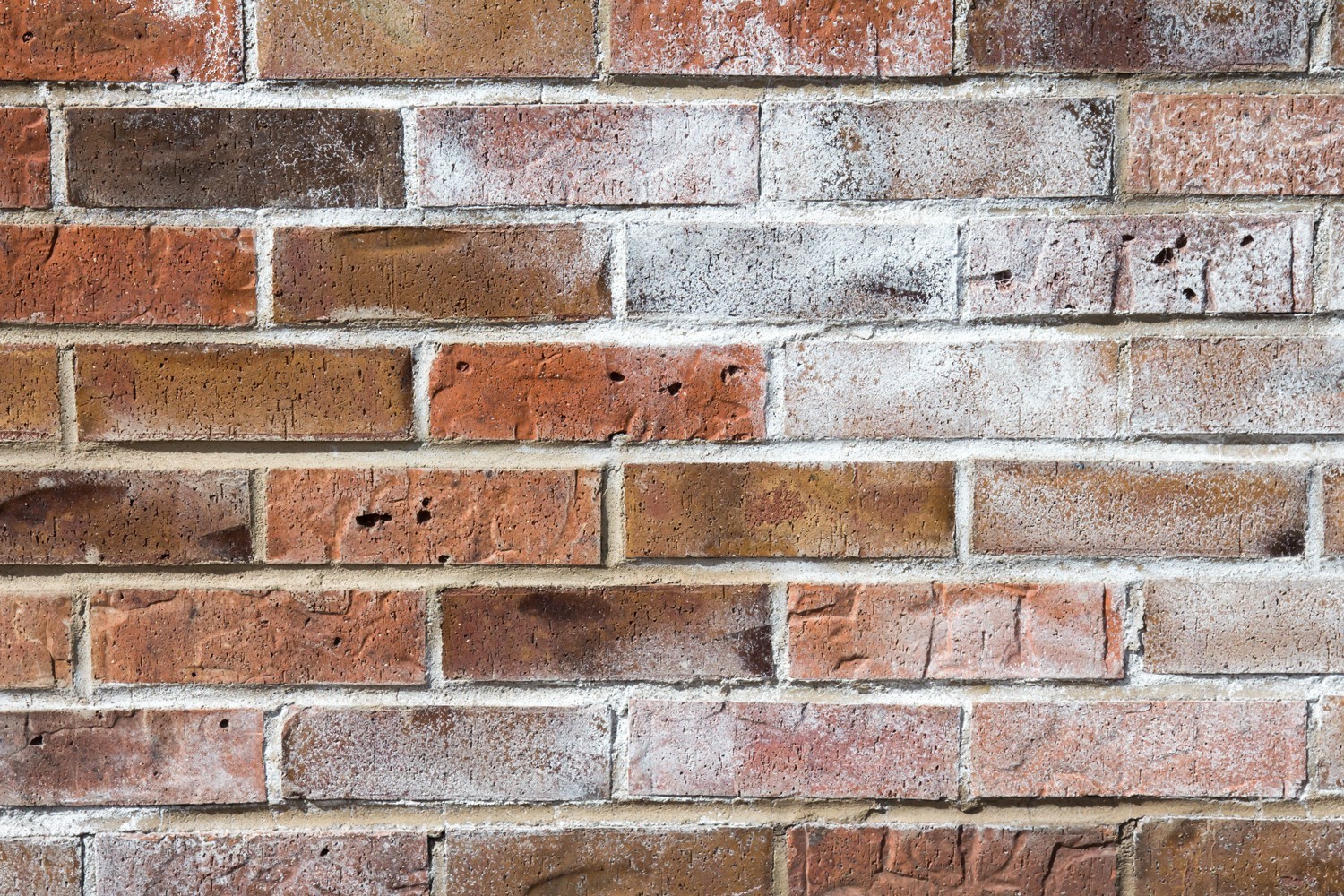 A close up real photograph of white powdery efflorescence on an exposed red brick wall, showing chalky deposits along mortar lines
