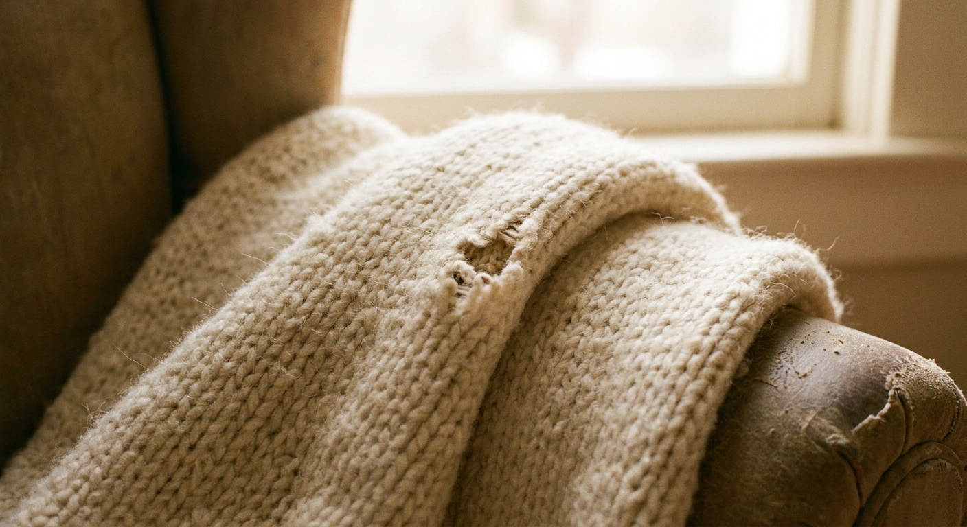 A close-up realistic photo of a cream wool throw blanket with a small moth hole near the fold, soft indoor lighting