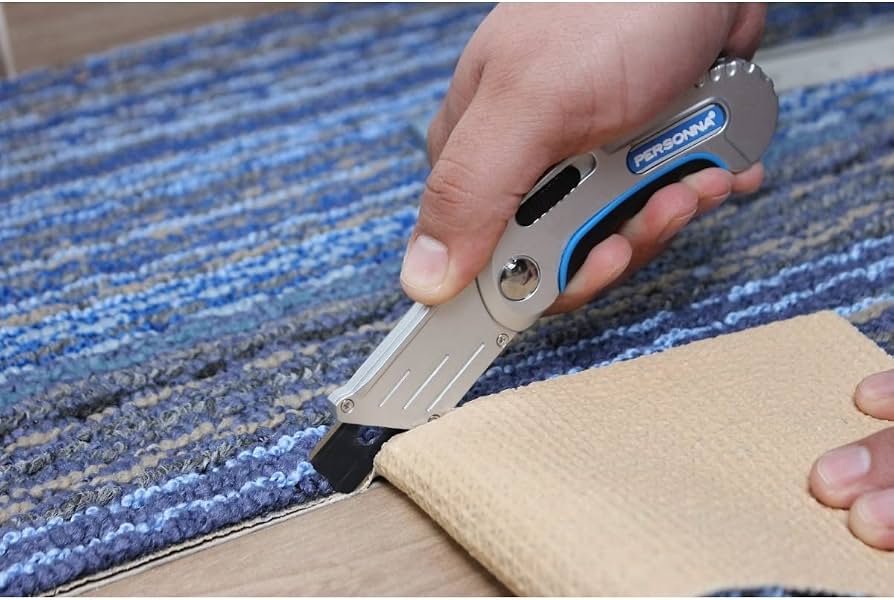A close view of a sharp utility knife slicing through the backing of a low-pile rug along a metal straightedge