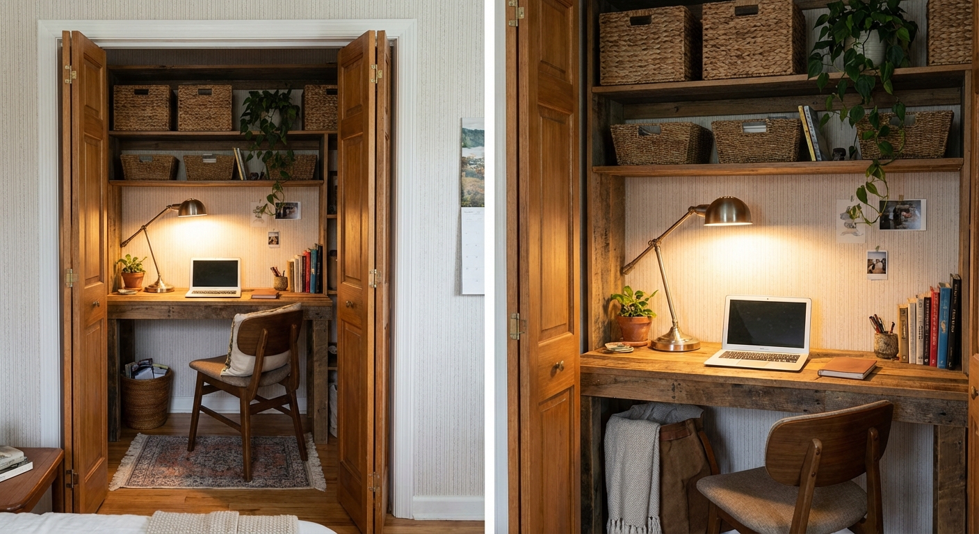 A closet converted into a home office with a small built-in desk, shelves with baskets, a warm task lamp, and closet doors open