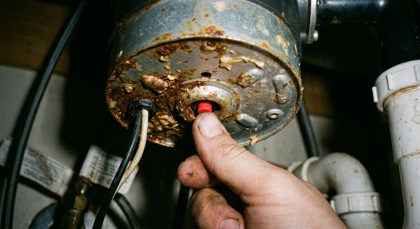 A closeup photo of the underside of a kitchen garbage disposal showing the red reset button and a hand about to press it
