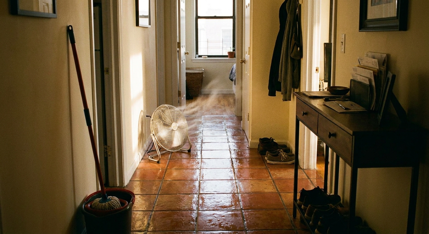 A compact apartment hallway with a tiled floor drying as a small floor fan blows air across the surface, evening natural light