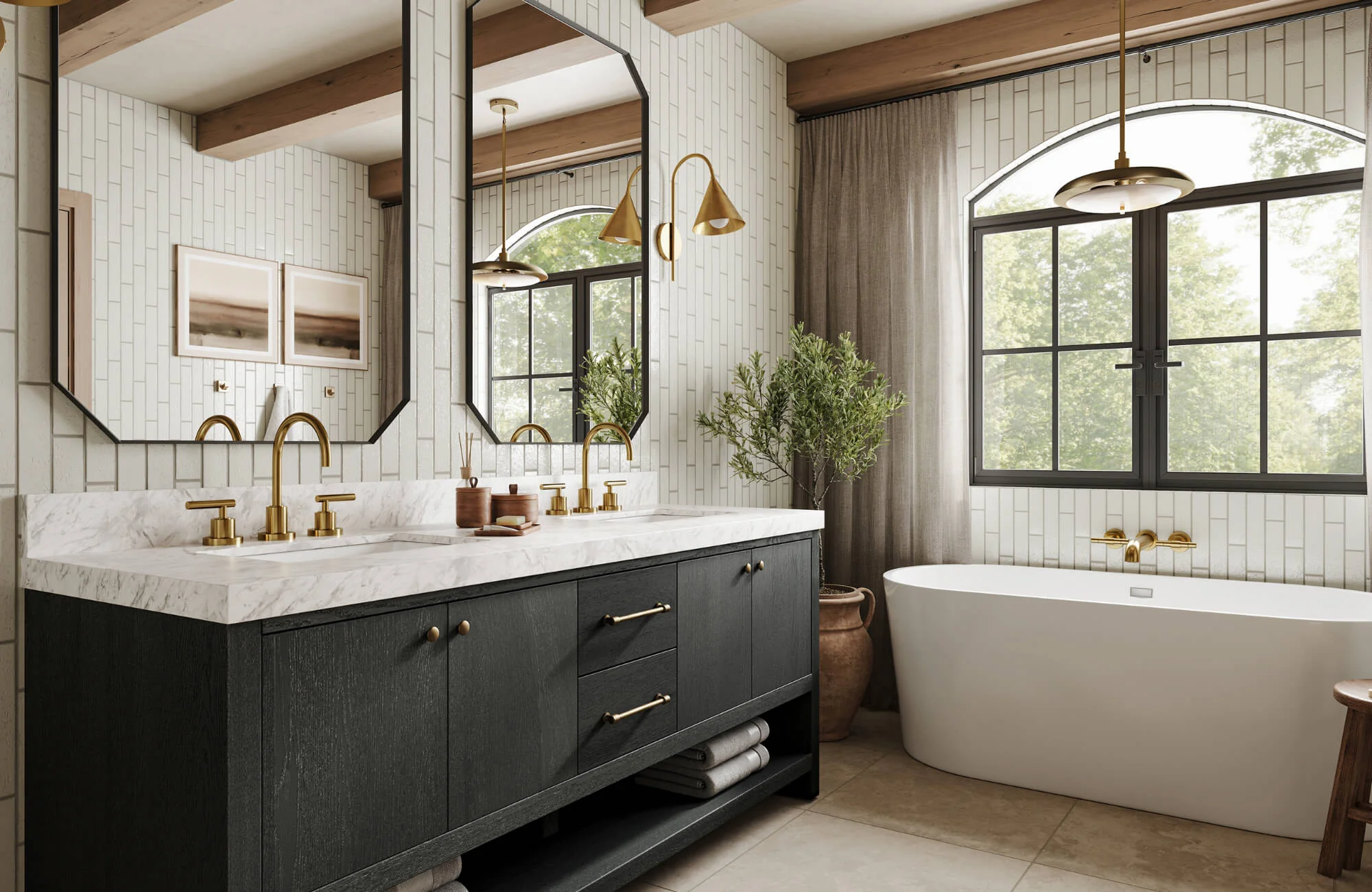 A compact bathroom with a rectangular mirror and two matching vertical wall sconces placed close to the mirror edges, showing balanced spacing and flattering light