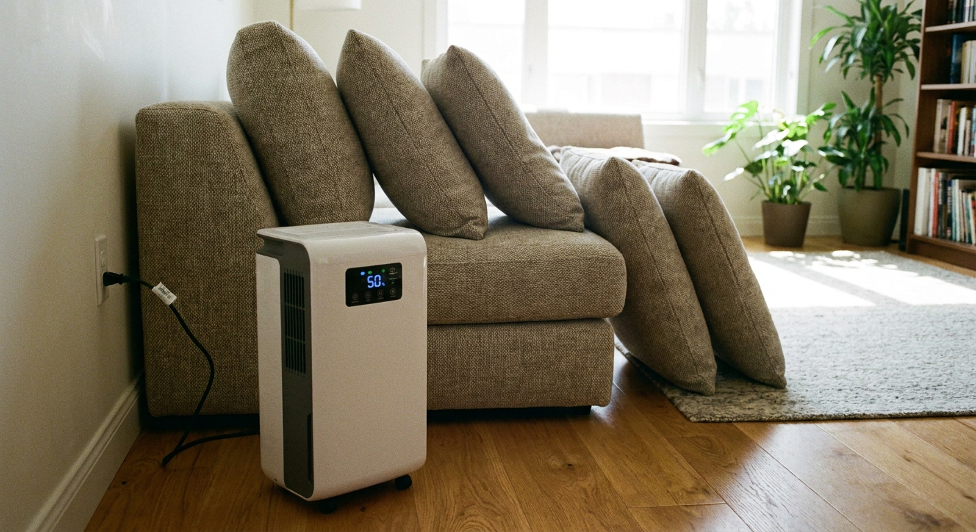 A compact dehumidifier running on a wood floor next to a fabric sofa, with cushions propped upright for airflow