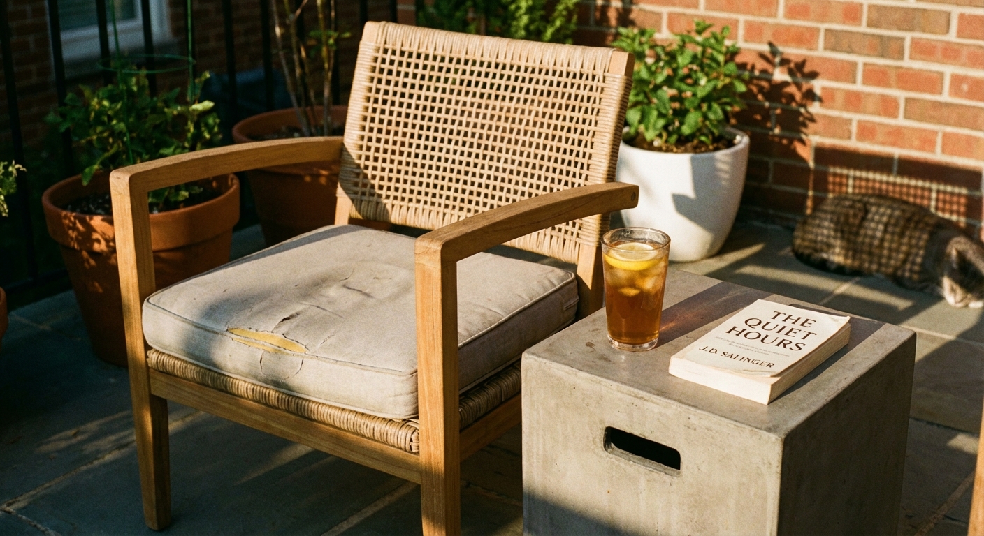 A compact patio chair next to a concrete side table holding a glass drink and a paperback book in afternoon sun