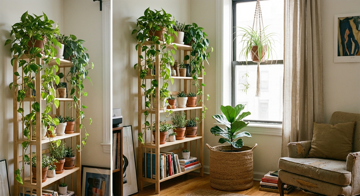 A compact studio apartment corner with a slim wooden shelf holding trailing pothos and small plants, a hanging planter near a window, and a woven basket planter on the floor, realistic interior photography