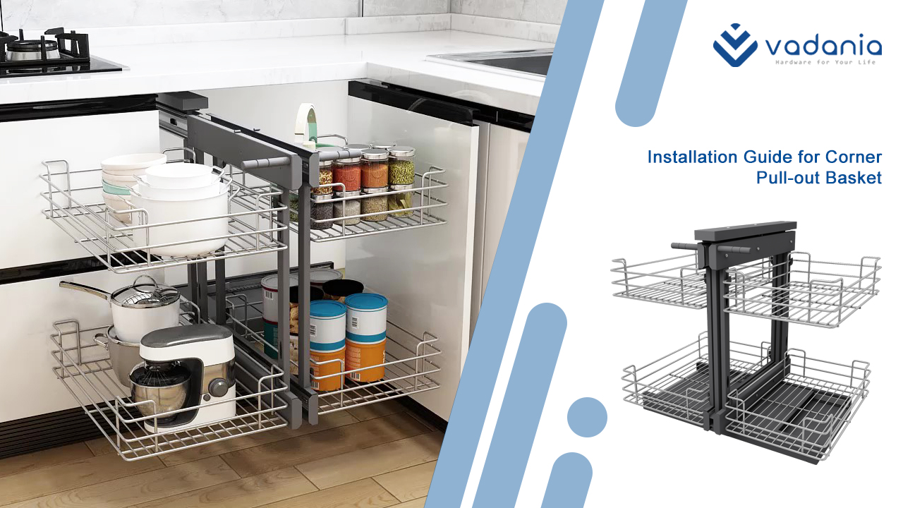 A corner kitchen cabinet open with two pull-out bins holding pantry staples, photographed in warm indoor light