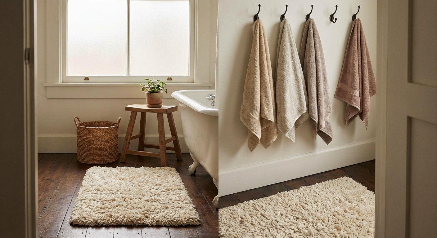 A cozy bathroom corner with a plush bath mat and neatly folded warm neutral towels on a hook, real photography style