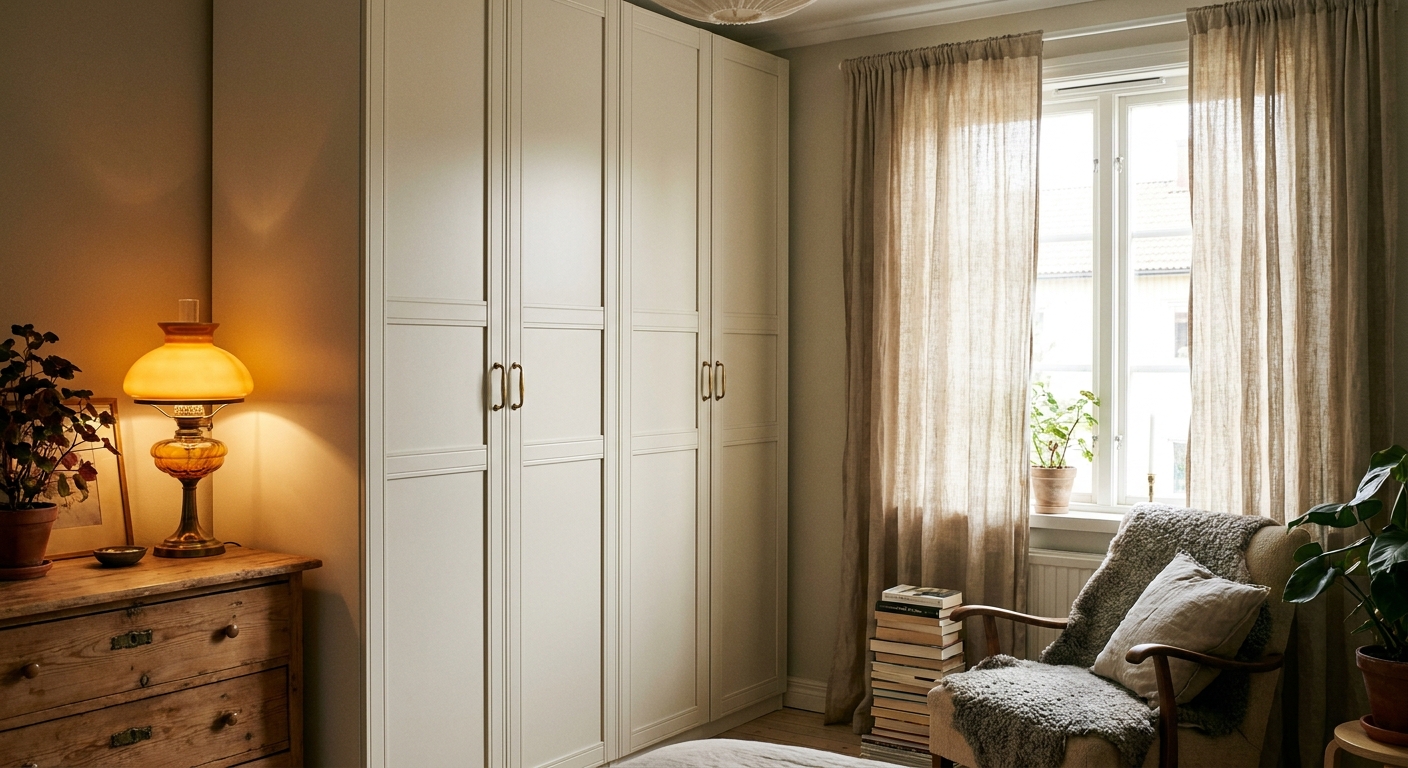 A cozy bedroom corner with a finished IKEA PAX built-in wardrobe wall painted in a soft warm white, a glowing amber table lamp nearby, and linen curtains in gentle natural light