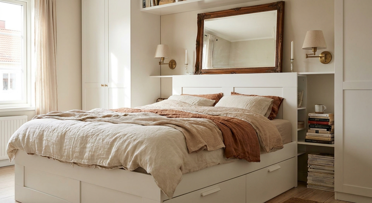 A cozy bedroom with a BRIMNES storage bed styled like a built-in, featuring wall sconces, layered linen bedding, and a vintage mirror above the headboard, real interior photography