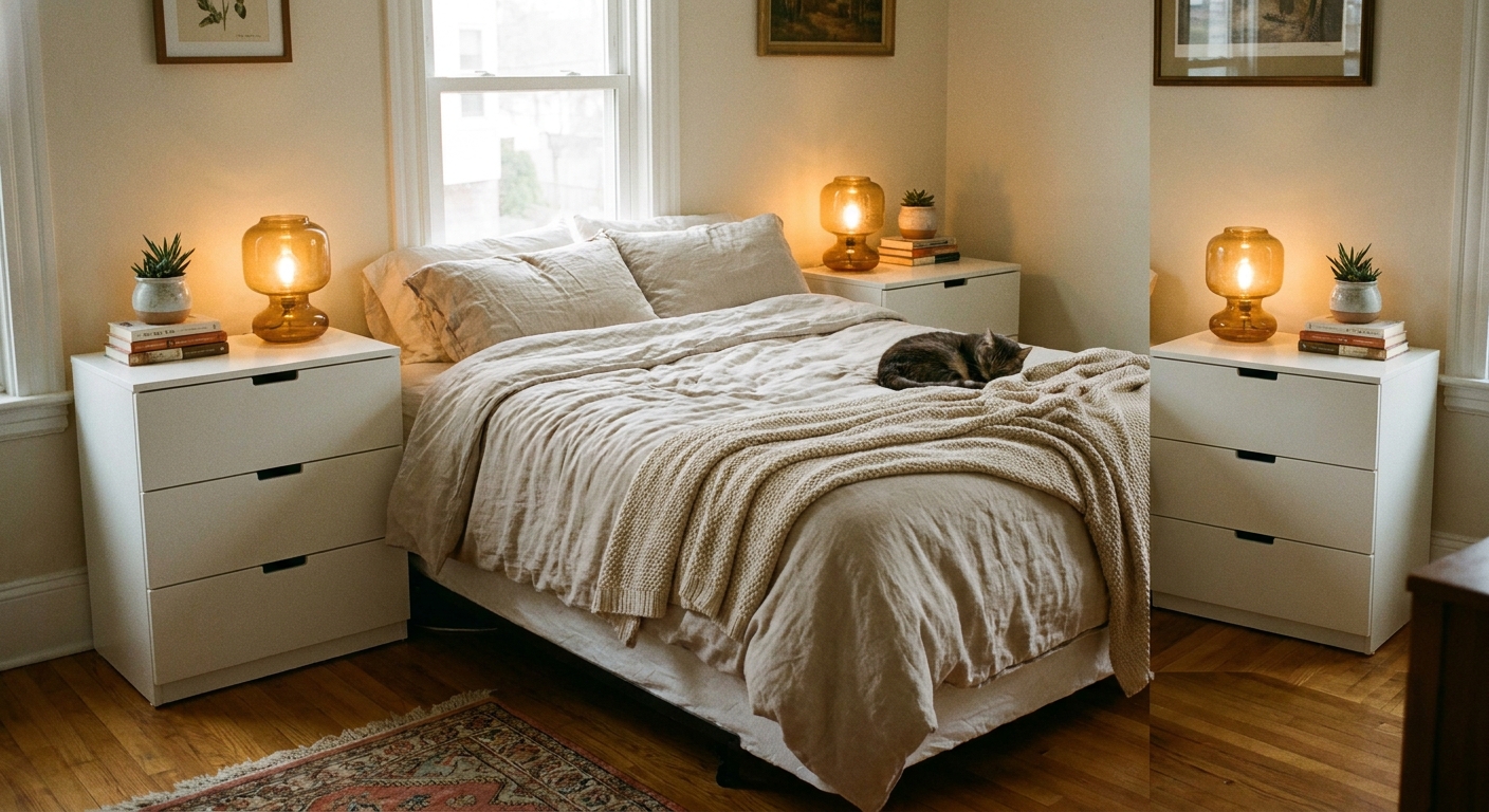 A cozy bedroom with two IKEA NORDLI drawer units used as nightstands flanking a bed, each topped with a warm amber lamp and minimal decor