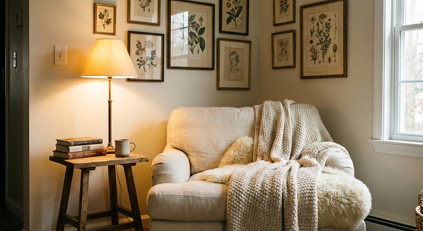 A cozy corner reading nook with a chair, side table, and a small gallery wall of framed art above, warm lamp light and layered neutral textiles, real interior photography