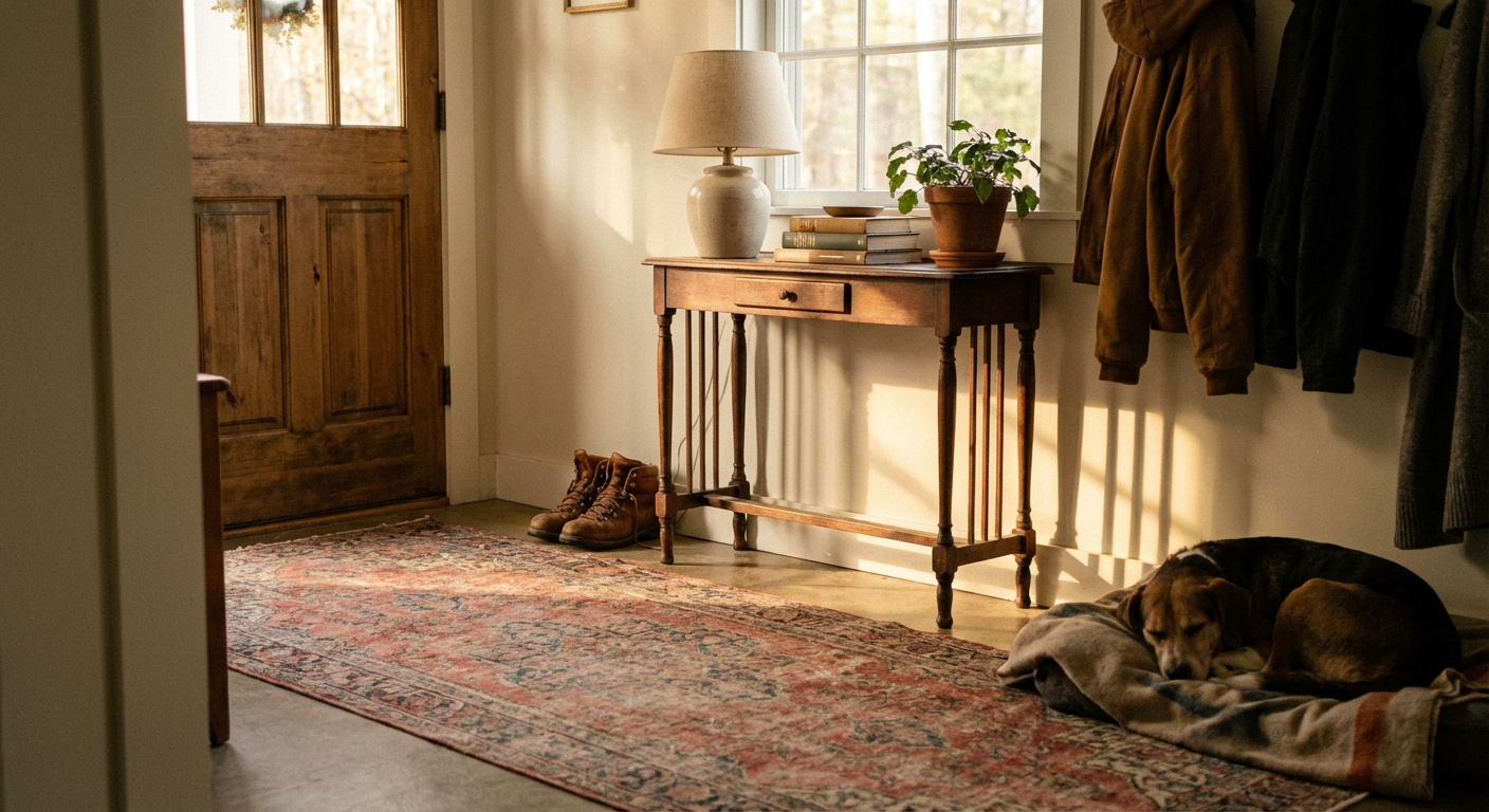 A cozy entryway with a faded vintage runner rug, a pair of boots near the door, and a slim console table with a lamp, photographed in warm afternoon light