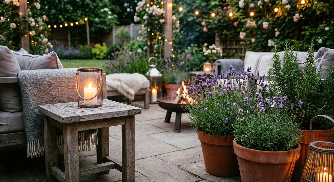 A cozy evening patio scene with a candle on a side table and potted lavender and rosemary nearby, softly lit by warm ambient lighting