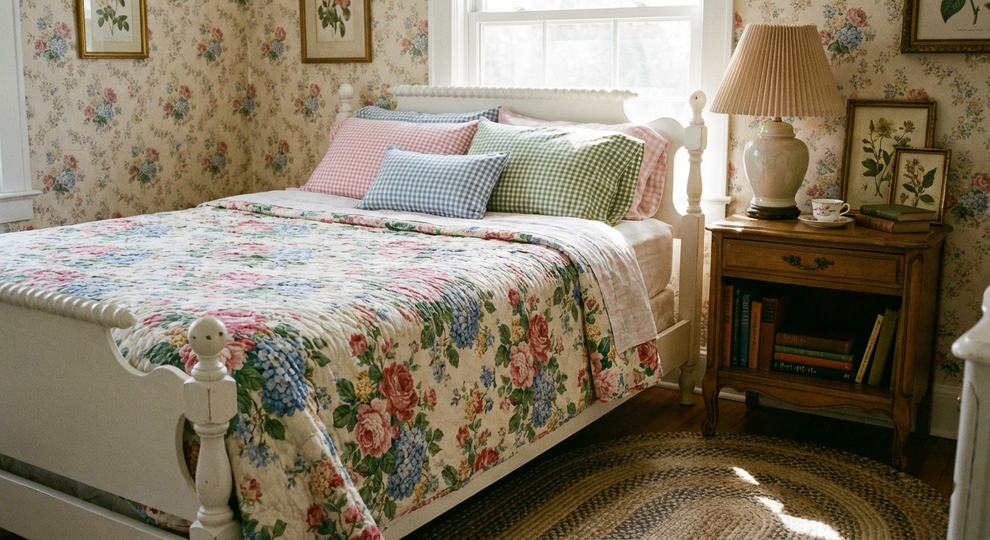 A cozy grandmillennial bedroom with a floral quilt, gingham accent pillows, a simple white painted bed frame, and a pleated lampshade on a vintage nightstand