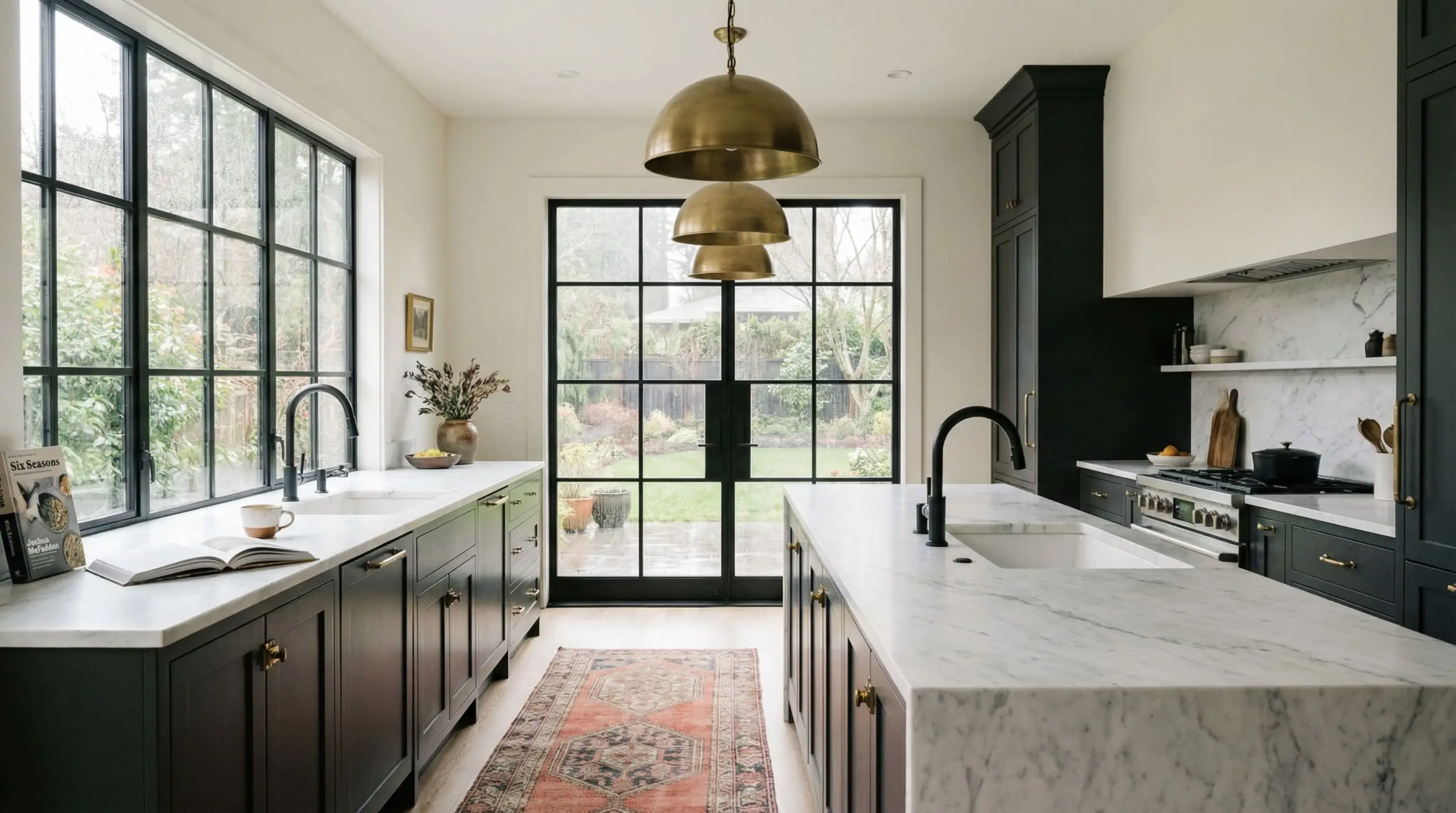 A cozy kitchen sink wall with a brushed brass faucet, matte black sconces, and creamy handmade tile backsplash in warm afternoon light
