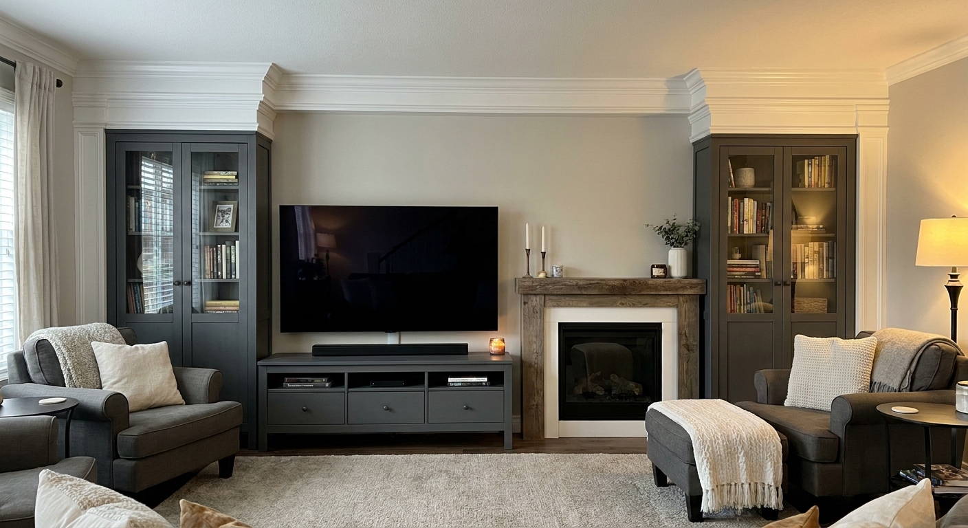 A cozy living room media wall built from IKEA HEMNES furniture, with a central TV bench, matching tall bookcases on either side, and trimwork connecting the units to the ceiling