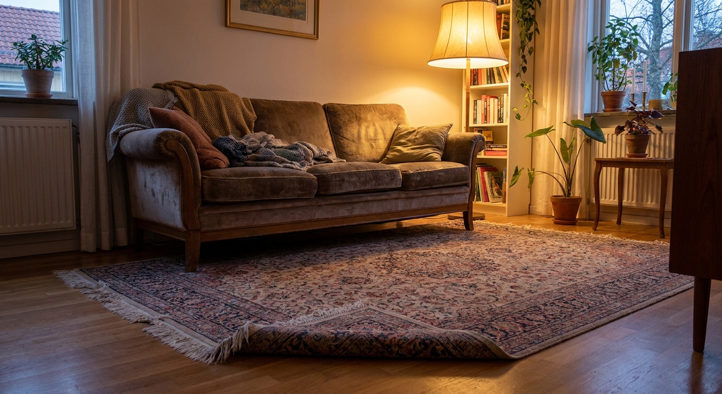 A cozy living room scene with a vintage-style area rug where one fringed end is tucked slightly under the front legs of a sofa to protect the fringe, warm lamp lighting