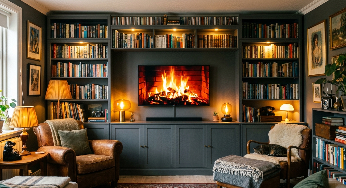 A cozy living room with a HEMNES-based built-in media wall, warm amber table lamps, and styled shelves that create a library-like atmosphere around a wall-mounted TV