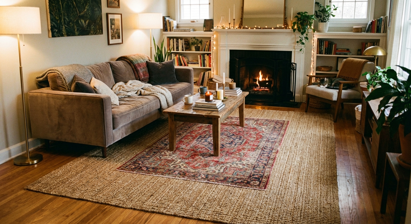 A cozy living room with a large natural fiber jute rug layered under a smaller vintage patterned rug, a sofa and coffee table nearby, warm ambient lighting, real photo